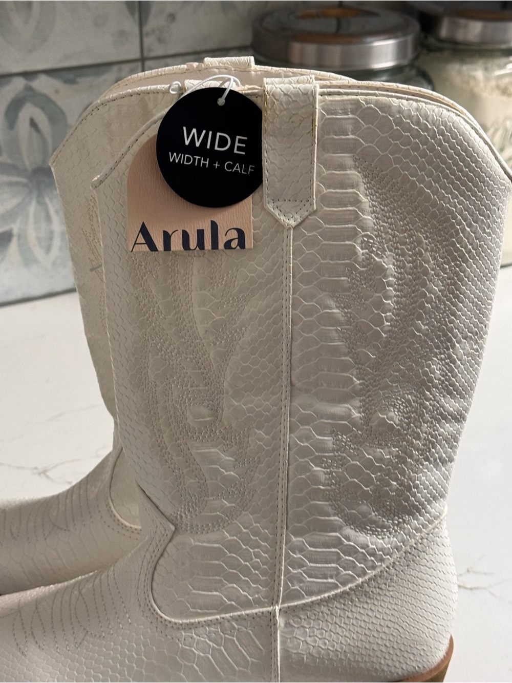 ARULA Cream Faux Snakeskin Wide-Calf Western Boots
